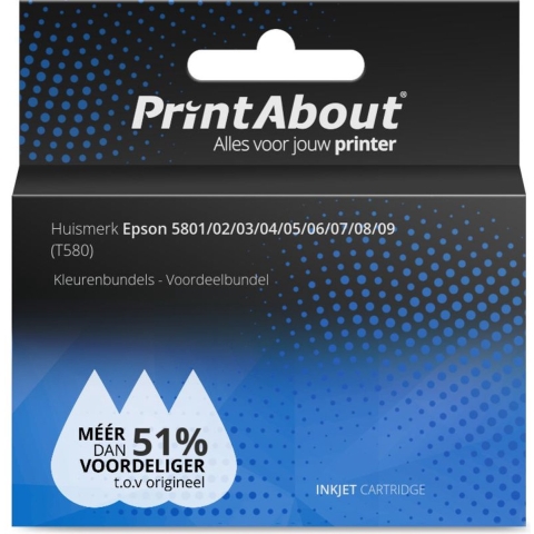 PrintAbout huismerk Inktcartridge 5801/02/03/04/05/06/07/08/09 (T580) Kleurenbundels Voordeelbundel geschikt voor Epson