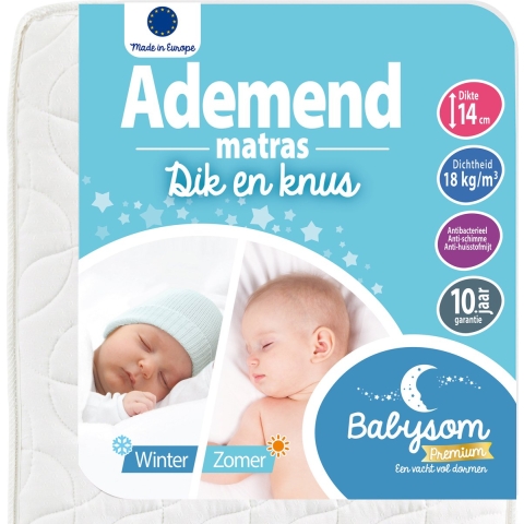 Babysom - Ademend Baby Matras - 60x120 cm | 14 cm dik | 2-zijdig ( een zomer en een winter zijde ) | Anti-allergisch | Oeko-Tex® | EU-product