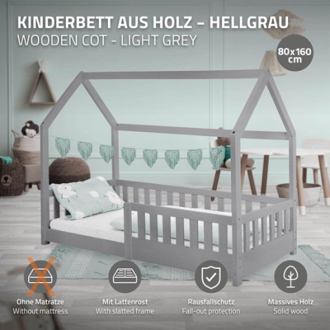 Kinderbed met uitvalbeveiliging lattenbodem en dak 80x160 cm Lichtgrijs grenenhout ML-Design
