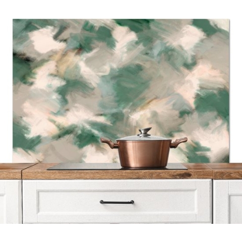 Spatscherm keuken 120x80 cm - Kookplaat achterwand Kunst - Verf - Groen - Beige - Abstract - Muurbeschermer hittebestendig - Spatwand fornuis - Hoogwaardig aluminium