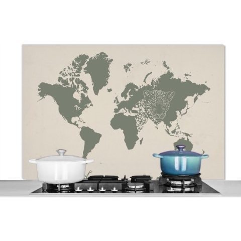 Spatscherm Keuken - Kookplaat Achterwand - Spatwand Fornuis - 120x80 cm - Wereldkaart - Dieren - Panter - Aluminium - Wanddecoratie - Muurbeschermer - Hittebestendig