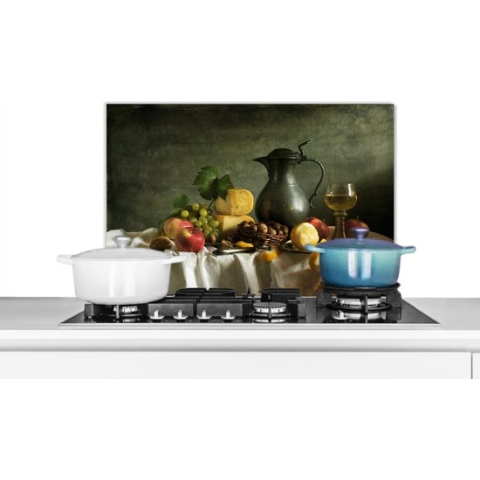 Spatscherm Keuken - Kookplaat Achterwand - Spatwand Fornuis - 70x50 cm - Rustiek - Kaas - Theekan - Fruit - Stilleven - Aluminium - Wanddecoratie - Muurbeschermer - Hittebestendig