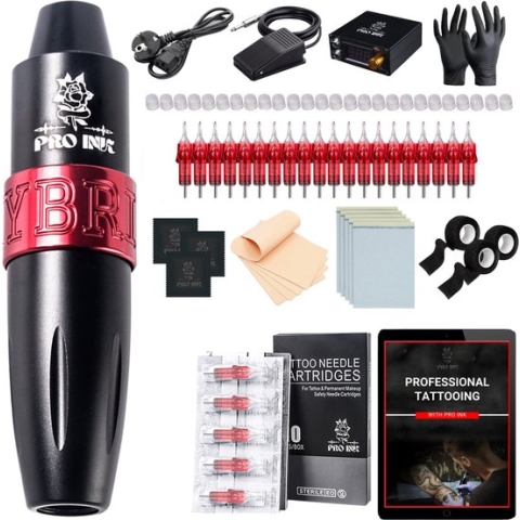 PRO INK® Professionele Tattoo Machine met 20 Naalden – Compleet Tatoeage Starters Set - Tattoo Pen - Rotary Tattoo Machine - Zwart/Rood