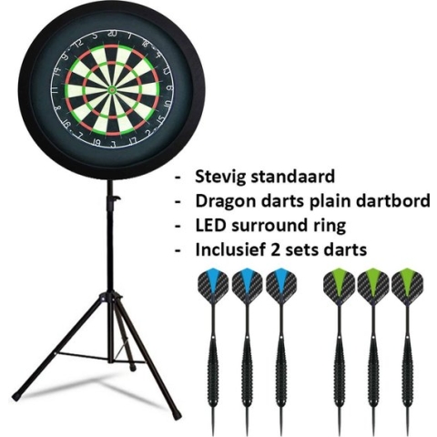Darts Set - Portable dartbord standaard LED pakket plus - inclusief best geteste - dartbord - LED surround ring - en - dartpijlen - zwart