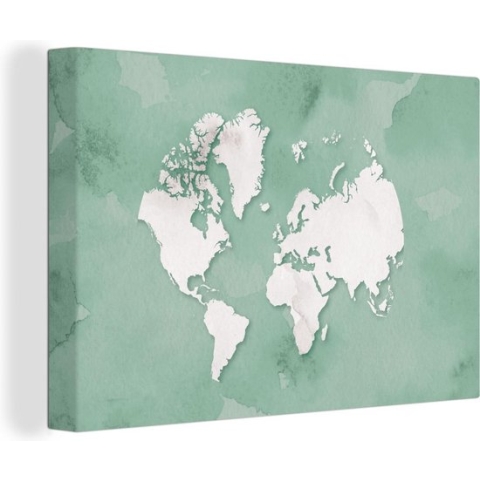 Canvas Wereldkaart - 180x120 - Wanddecoratie Wereldkaart - Groen - Waterverf