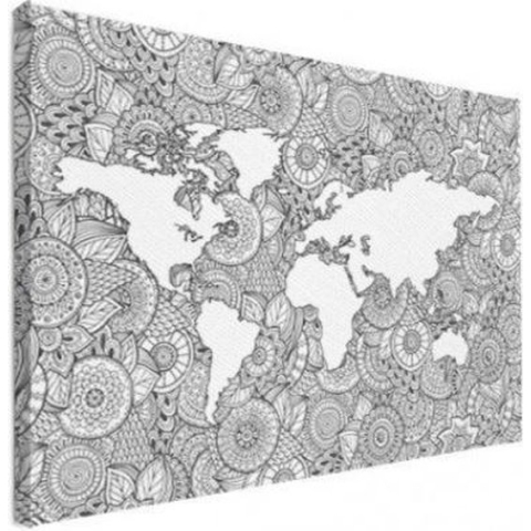 Wereldkaart Circelpatroon Zee Zwart - Canvas 80x60