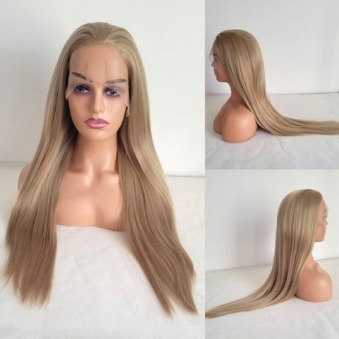 Frazimashop- blond Pruik Hittebestendige - Pruiken Dames Lang steil Haar - #Front Lace Wig 13x4# Hoge kwaliteit synthetische pruik 65 cm