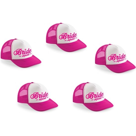 4x stuks roze fuchsia vrijgezellenfeest snapback cap/ truckers pet Bride Squad script dames - Vrijgezellen petjes / caps