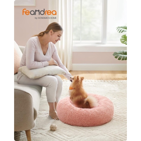 Hondenbed pluizig, kattenbed, donutkussen, wasbaar, bekleding in het midden uitneembaar, lang pluche, 70 cm diameter, roze PGW039P01