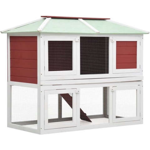 The Living Store Dierenhok wit/rood 130x68x105 cm - geschikt voor konijnen - draadgaas - vurenhout - met groen waterdicht dak