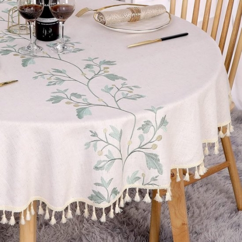 Tafelkleed rond 120 cm, afwasbaar, linnen, katoen, beige, tafelkleed, kreukvrij, stofdicht, met groene geborduurde bladeren, kwasten voor keuken, eetkamer, eettafel, salontafel, tuintafel