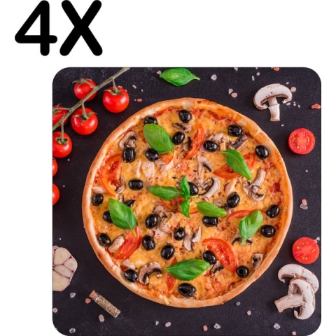 BWK Luxe Placemat - Compositie van een Pizza en Beleg - Set van 4 Placemats - 50x50 cm - 2 mm dik Vinyl - Anti Slip - Afneembaar