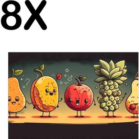 BWK Textiele Placemat - Getekend Vrolijk Fruit - Set van 8 Placemats - 45x30 cm - Polyester Stof - Afneembaar