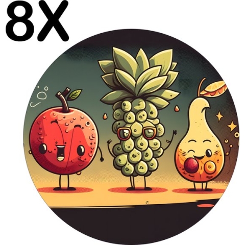 BWK Stevige Ronde Placemat - Getekend Vrolijk Fruit - Set van 8 Placemats - 50x50 cm - 1 mm dik Polystyreen - Afneembaar