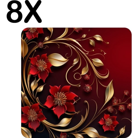 BWK Flexibele Placemat - Rood - Goud - Bloem - Blad - Achtergrond - Set van 8 Placemats - 50x50 cm - PVC Doek - Afneembaar