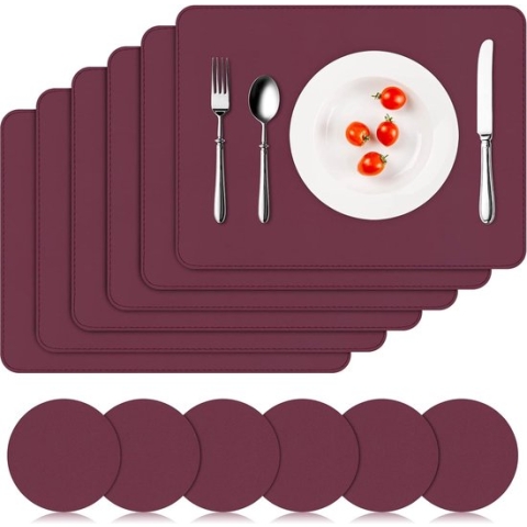 Placemat, afwasbaar, set van 6, placemats, lederlook, kunstmatig, waterdicht, PVC, placemats en onderzetters, leren placemats voor thuis, keuken, restaurant, 41 x 31 cm, Wijnrood