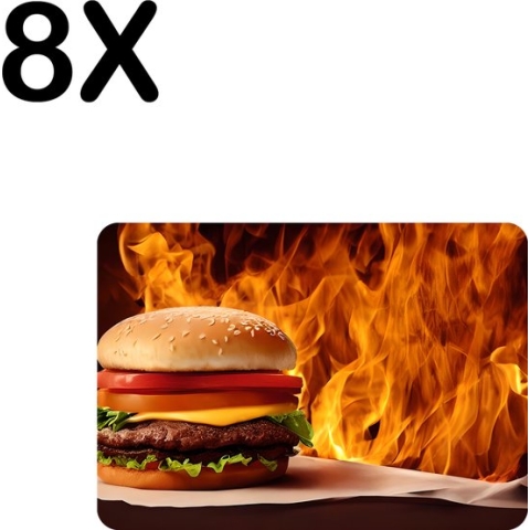 BWK Luxe Placemat - Vlammende Hamburger - Set van 8 Placemats - 35x25 cm - 2 mm dik Vinyl - Anti Slip - Afneembaar