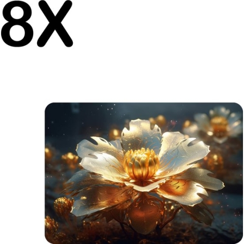 BWK Flexibele Placemat - Goud met Witte Bloeiende Bloem - Set van 8 Placemats - 35x25 cm - PVC Doek - Afneembaar