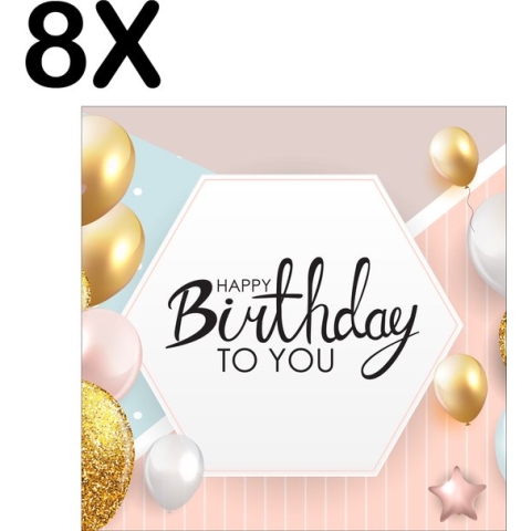BWK Textiele Placemat - Happy Birthday - Verjaardag Sfeer met Ballonnen - Set van 8 Placemats - 40x40 cm - Polyester Stof - Afneembaar