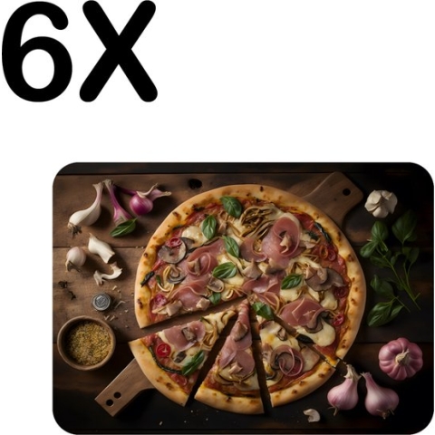 BWK Flexibele Placemat - Heerlijke Traditionele Pizza met Knoflook en Ui - Set van 6 Placemats - 40x30 cm - PVC Doek - Afneembaar