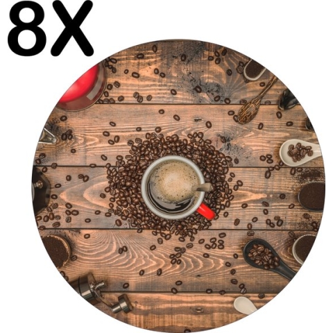 BWK Flexibele Ronde Placemat - Koffie molens en Schepjes - Set van 8 Placemats - 40x40 cm - PVC Doek - Afneembaar
