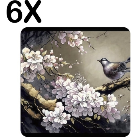 BWK Stevige Placemat - Chinese Kunst met Vogel en Kersenboom - Set van 6 Placemats - 40x40 cm - 1 mm dik Polystyreen - Afneembaar