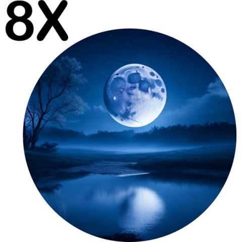 BWK Luxe Ronde Placemat - Grote Volle Maan met Blauw Licht over Water - Set van 8 Placemats - 50x50 cm - 2 mm dik Vinyl - Anti Slip - Afneembaar