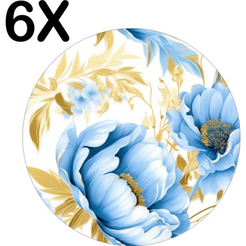 BWK Luxe Ronde Placemat - Patroon van Blauwe Bloemen met Gouden Bladeren - Set van 6 Placemats - 40x40 cm - 2 mm dik Vinyl - Anti Slip - Afneembaar
