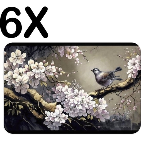 BWK Flexibele Placemat - Chinese Kunst met Vogel en Kersenboom - Set van 6 Placemats - 45x30 cm - PVC Doek - Afneembaar