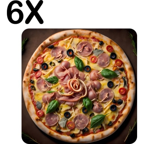BWK Stevige Placemat - Pizza met Ham en Olijven op Donkere Achtergrond - Set van 6 Placemats - 50x50 cm - 1 mm dik Polystyreen - Afneembaar