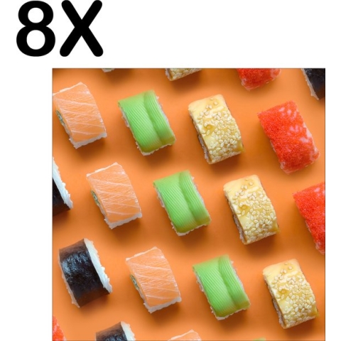 BWK Textiele Placemat - Verschillende Soorten Sushi op een Oranje Achtergrond - Set van 8 Placemats - 40x40 cm - Polyester Stof - Afneembaar