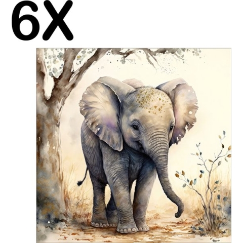 BWK Textiele Placemat - Getekende Schattige Baby Olifant naast een Boom - Set van 6 Placemats - 50x50 cm - Polyester Stof - Afneembaar