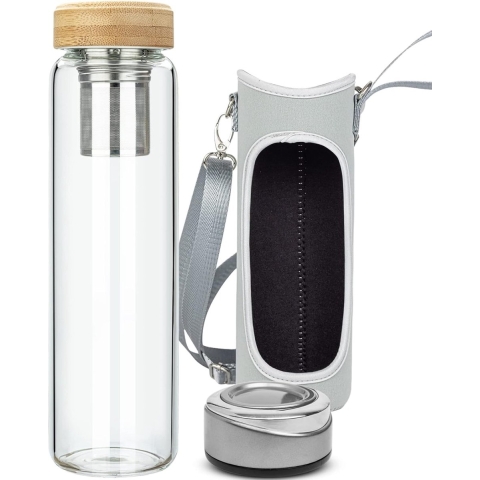 Theefles van glas met roestvrijstalen zeef, glazen waterfles met neopreen hoes, theepot met filter to go, borosilicaatglas waterfles BPA-vrij 1000 ml / 1 liter