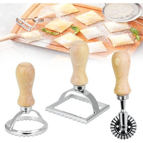 3-delige ravioli-snijderset met knoedelvormer en deegwielen, ravioli-vormerset, ravioli-snijder, roestvrijstalen ravioli-stempel, houten handvat, ravioli-vormer voor knoedels, pasta