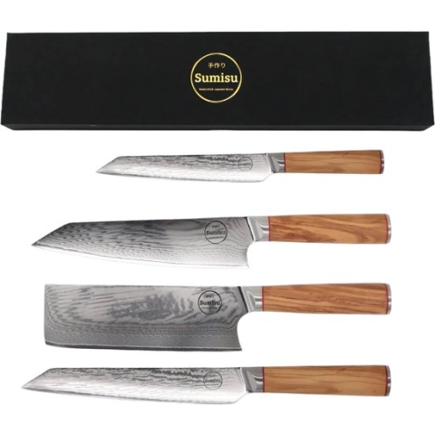 Sumisu Knives - Sumisu messenset 4-delig - Chef Wood collection -100% damascus staal - Geleverd in luxe geschenkdoos - Cadeau - barbecue accessoires