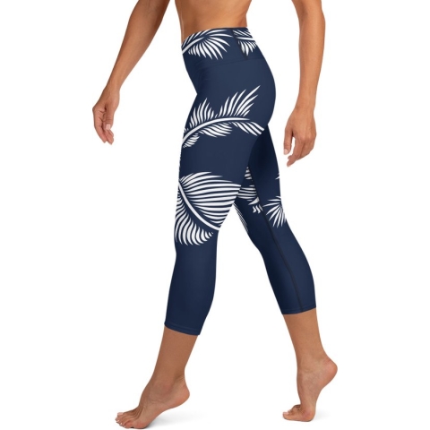 Sportlegging - Capri 3/4 - design Lines 4 Peace - High Waist - Dry Fit - High Performance - 4way stretch - unieke print - UPF 50+ - Hardloop - Yoga - Fitness - Dans  - Pilates - Training - sportbroek - marineblauw wit - dames- maat S