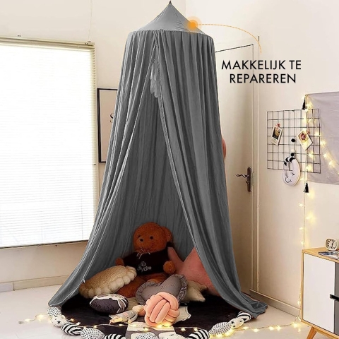 Baldakijn kinderkamer 245 cm - in 5 kleuren - bedhemel meisjes, jongens & baby - hemelbed gordijnen - muggennet dubbel bed - hemel babybed - Canopy - grijs