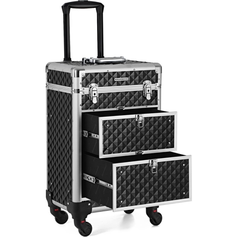 Hoppa! Cosmetic Case Trolley, professionele make-up case, kapperskoffer met 4 uitneembare universele wielen, make-up case, top met 3 uittrekbare compartimenten, laden, voor op reis, zwart