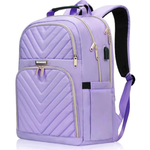 Rugzak voor dames, 15,6 inch, schoolrugzak, meisjes, tieners, met USB-oplaadaansluiting, laptoprugzak, stijlvolle dagrugzak, waterdicht, voor school, universiteit, reizen, werk, paars