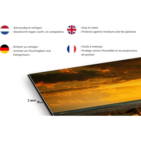 Spatscherm Keuken - Kookplaat Achterwand - Spatwand Fornuis - 120x60 cm - Zon - Strand - Duin - Horizon - Gras - Pad - Oranje - Aluminium - Wanddecoratie - Muurbeschermer - Hittebestendig