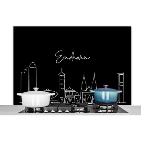 Spatscherm Keuken - Kookplaat Achterwand - Spatwand Fornuis - 120x80 cm - Line art - Skyline - Eindhoven - Nederland - Zwart wit - Aluminium - Wanddecoratie - Muurbeschermer - Hittebestendig