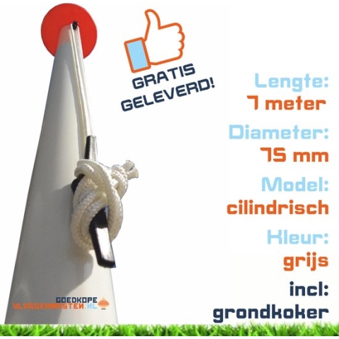 Vlaggenmast BASIC 7 meter aluminium cilindrisch ø 75 mm, grijs incl. knop, kikker, koord en geleide-oog en grondkoker - 7507A1A
