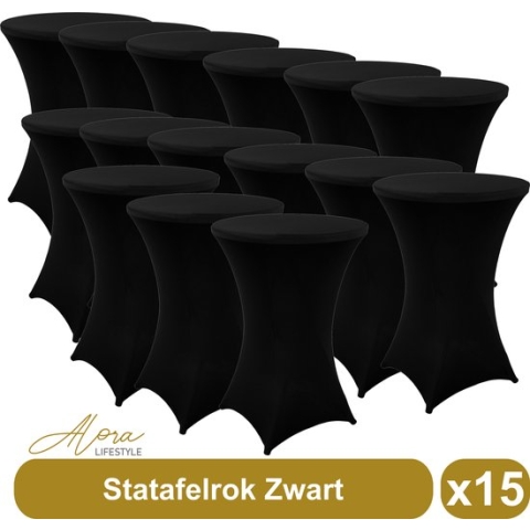 Statafelrok zwart 80 cm - per 15 - partytafel - Alora tafelrok voor statafel - Statafelhoes - Bruiloft - Cocktailparty - Stretch Rok - Set van 15