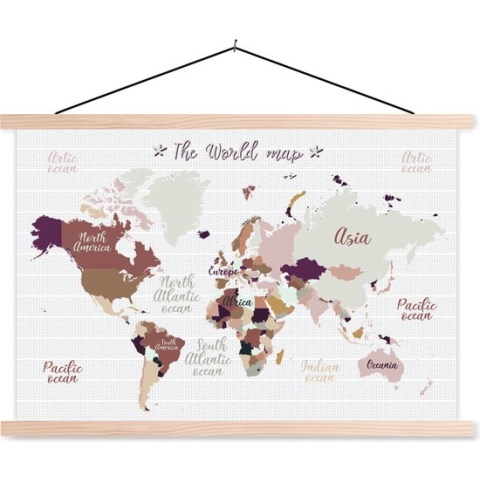 Posterhanger incl. Poster - Schoolplaat - Wereldkaart - Bruin - Simpel - 150x100 cm - Blanke latten