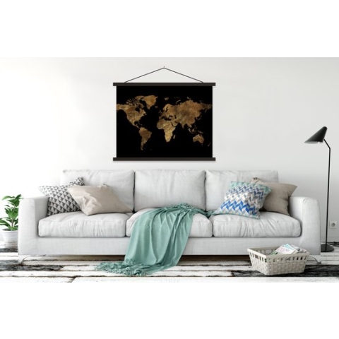 Posterhanger incl. Poster - Schoolplaat - Wereldkaart - Goud - Luxe - Aarde - Zwart - 150x113 cm - Zwarte latten