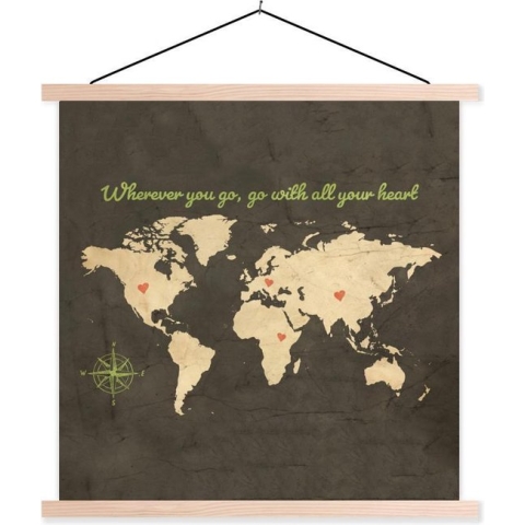 Posterhanger incl. Poster - Schoolplaat - Wereldkaart - Liefde - Vintage - 120x120 cm - Blanke latten