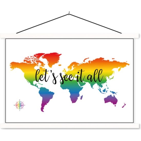 Schoolplaat - Wereldkaart - Regenboog - Kompas - 150x100 cm - Textielposter Witte latten - Textiel poster