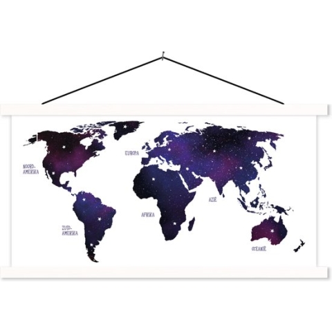 Schoolplaat - Wereldkaart - Sterrenhemel - Paars - 150x75 cm - Textielposter Witte latten - Textiel poster