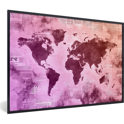 Fotolijst incl. Poster - Wereldkaart - Paars - Krant - 120x80 cm - Posterlijst