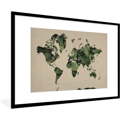 Fotolijst incl. Poster - Wereldkaart - Bladeren - Groen - 120x80 cm - Posterlijst